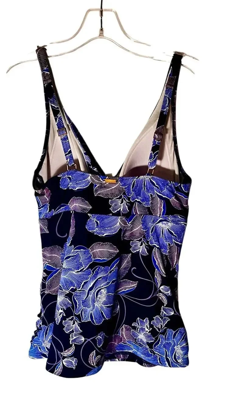 Lands' End Wrap Tankini Swimsuit Top Blue & Purple Fliral Paisley Pattern Sz 10